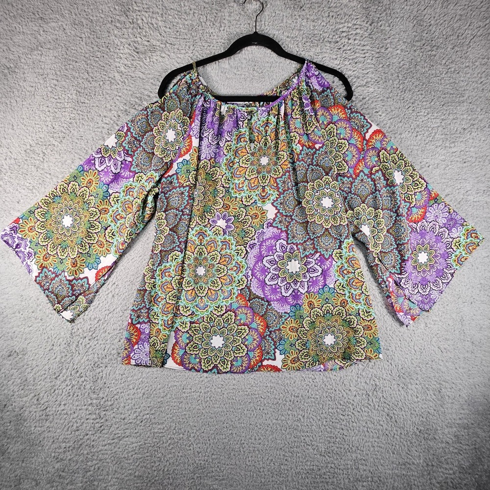 Artsy Boho Top Juniors XL Geometric 70s Retro Kaleidoscope Cold‎ Shoulder Flared